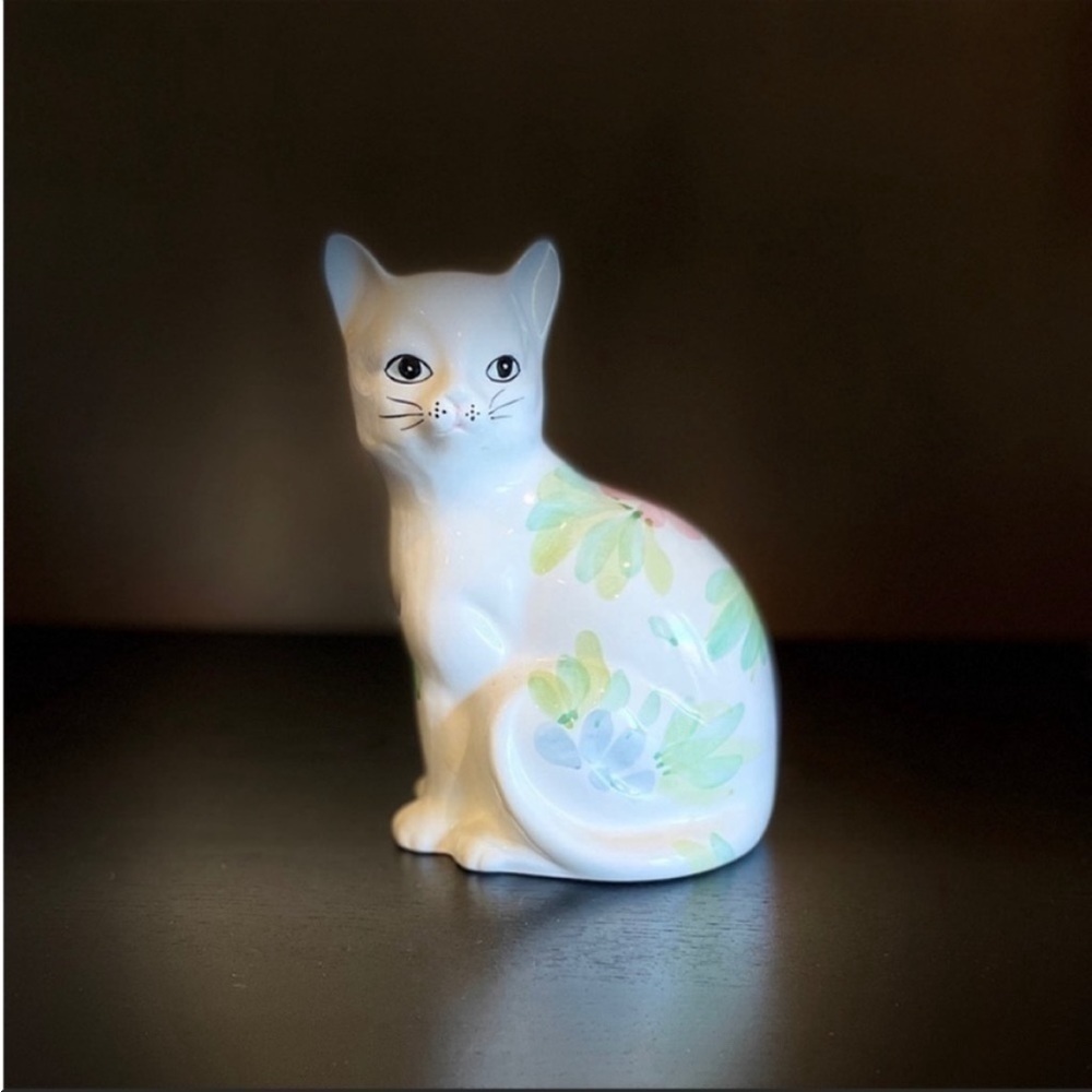 Vintage Hand-Painted Floral Ceramic Cat Figurine | Pastel Cottagecore Decor
